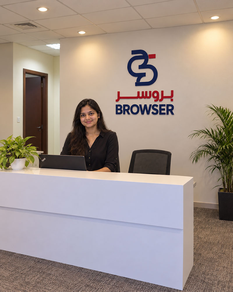 The BROWSER reception desk in Dubai, under the browser.ae sign
