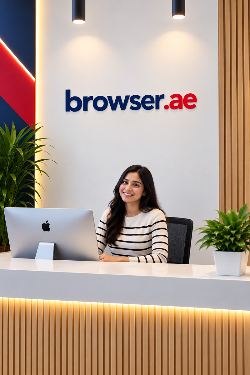 The BROWSER reception desk in Dubai, under the browser.ae sign