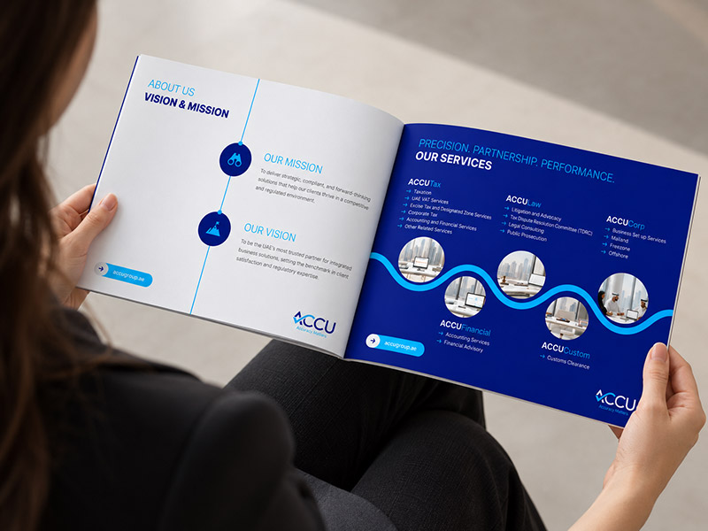 ACCU Group company profile brochure open on the services spread